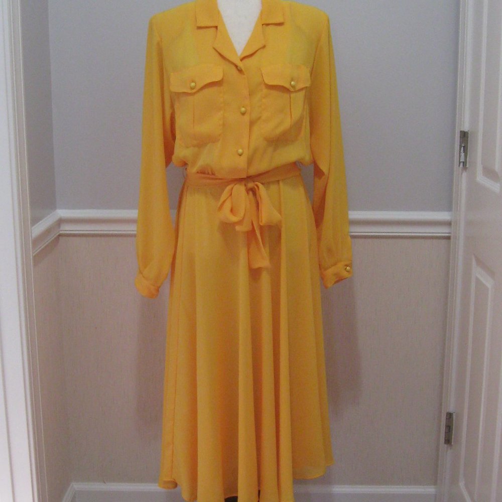 Vintage Sunshine Starshine Yellow Belted Midi Shirt Dress sz 10